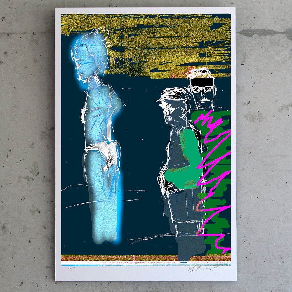 digital überarbeitete Skizze 'Sonnen-Schein' - hellblau gestaltete Frau mit Passanten