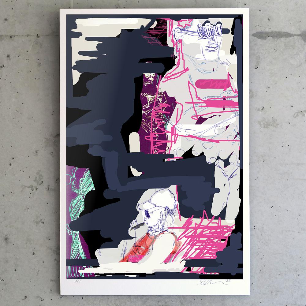 digital überarbeitete Skizze 'Chiller' - Kunstdruck kaschiert auf schwarze MDF-Platte