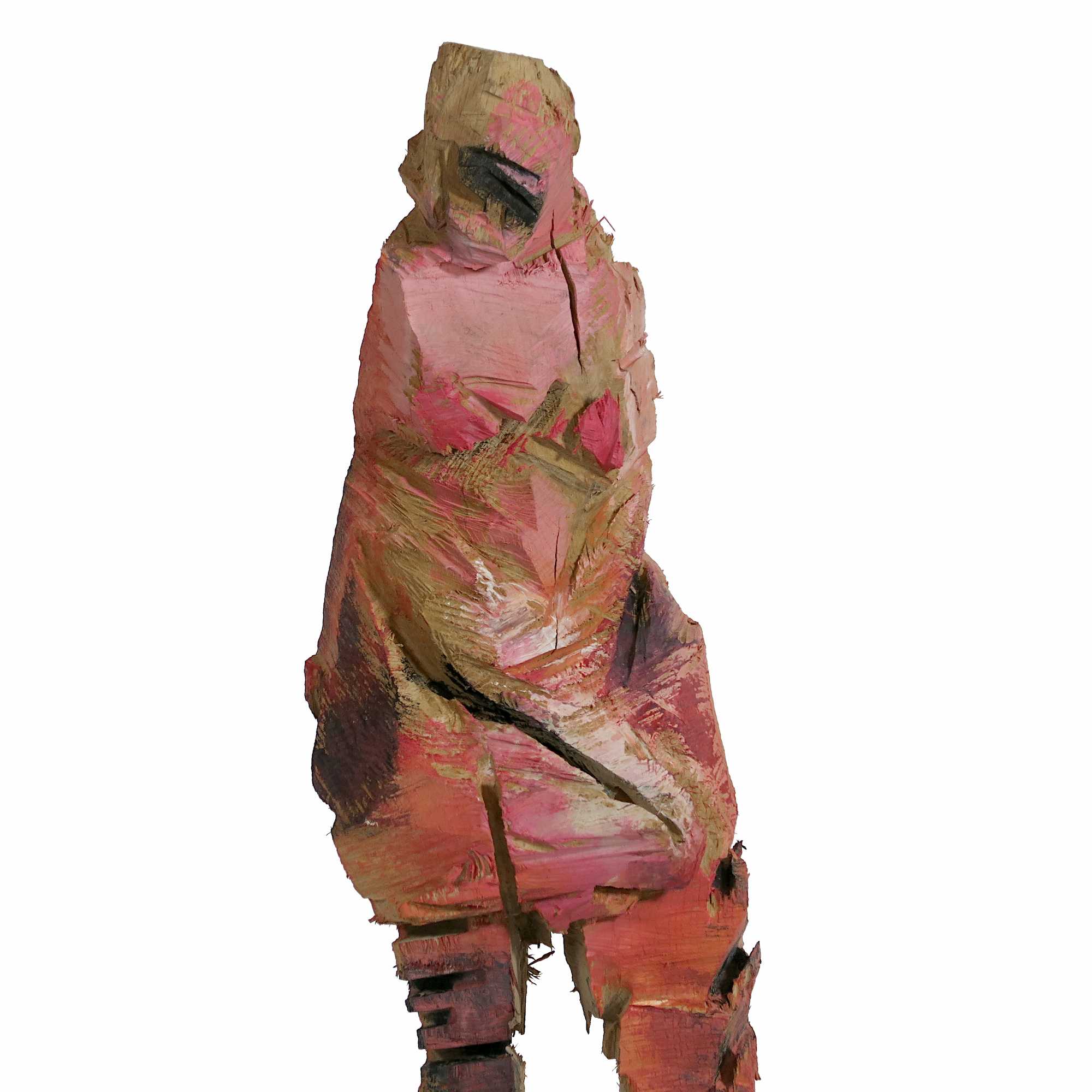 Frieda - kleine Holzfigur in rosa und roten Tönen aus Eiche mit der Kettensäge geschnitzt - Detail
