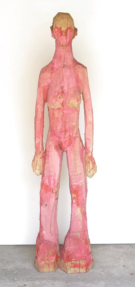lebensgroße Holzskulptur Frau rosa bemalt mit der Motorsäge geschnitzt
